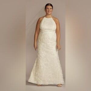 Sequin Leaf-Appliqued High Neck Petite Gown